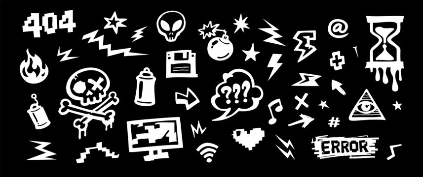 Hand-drawn graffiti and retro-tech icons set on black background, featuring glitch, 404, skulls, and various street art symbols.