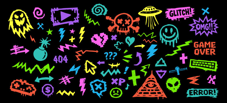 Neon graffiti doodle set with retro gaming icons, skulls, and pop art elements in vibrant colors on a black background.