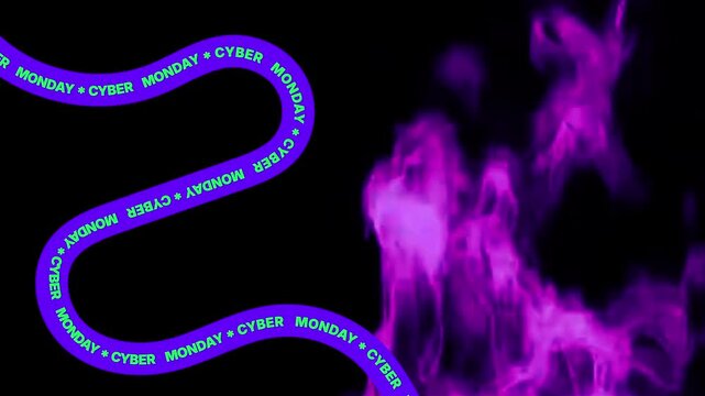 Seamless loop of a purple wavy ribbon with green Cyber Monday text moving on a solid black background with purple fire flames.