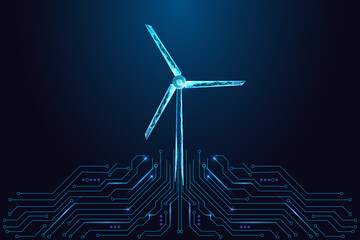 Fototapeta premium Digital Wind Turbine over circuit lines. Renewable Energy Green Power Tech Futuristic Vector Design