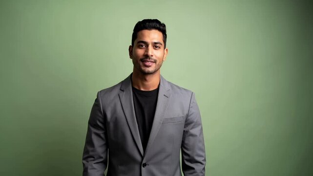 ライトグリーンのグラデーション背景で撮影されたインド人ビジネスマンの人物映像。
均一で柔らかなスタジオ照明が中〜濃い肌色を自然に表現。
信頼、成長、安定、グローバルなビジネスをテーマにしたコンセプト。