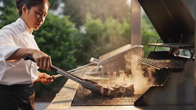 Chef grilling a large steak outdoors on a barbecue