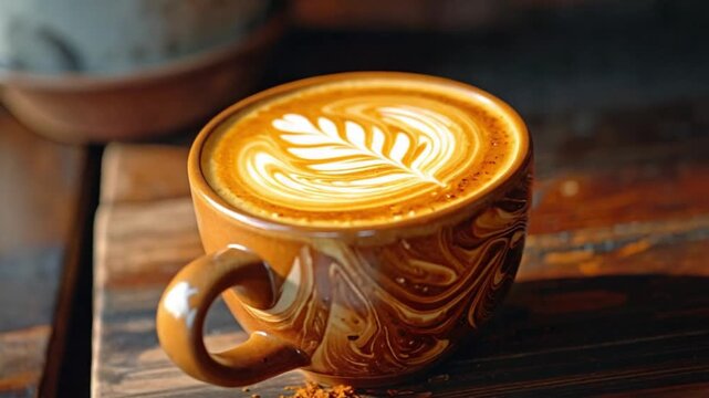 Close-up of a beautiful latte art coffee in a unique patterned mug on a rustic wooden table
