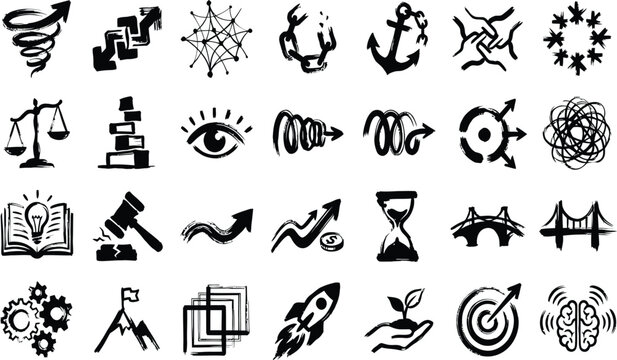 Collection of black ink brush stroke business and finance symbol