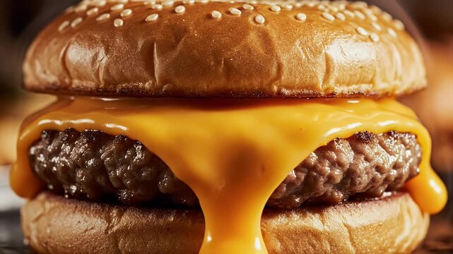 Close up of a hamburger with cheese on a sesame seed bun