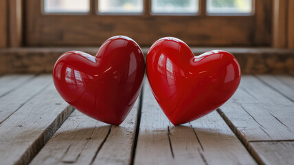 Two red hearts on wooden surface