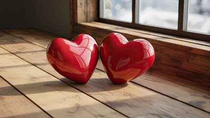 Two red hearts on a wooden floor