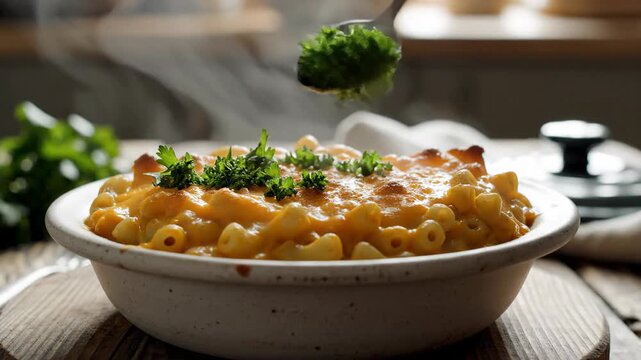 Close up of baked macaroni and cheese in a rustic ceramic bowl with steam