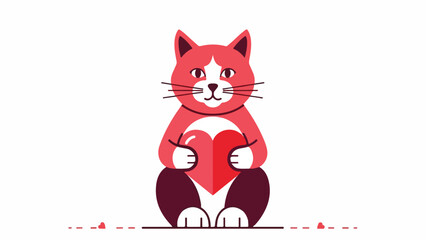 Cute Cat Holding a Red Heart, Illustration on White Background