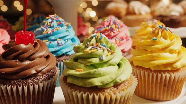 Close up of colorful frosted cupcakes decorated with sprinkles