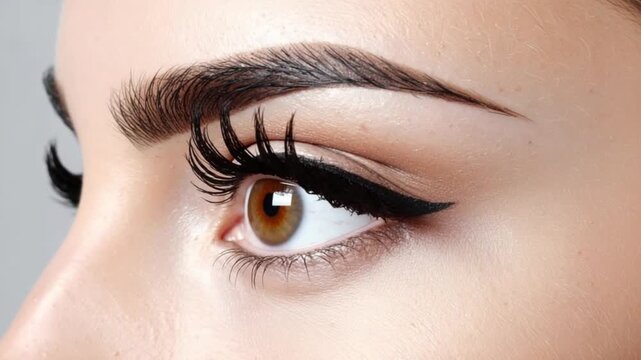 Woman's eye with dramatic winged eyeliner and long eyelashes makeup