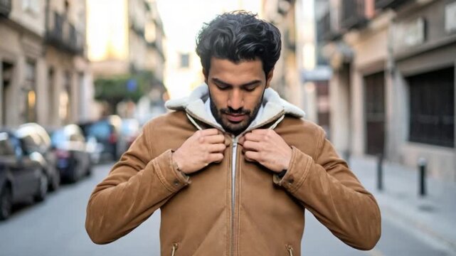 Young man zipping up his brown jacket on a city street