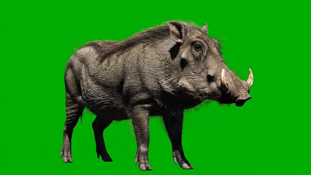 A solitary warthog stands on a green screen background.
