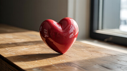 Red heart on wooden surface