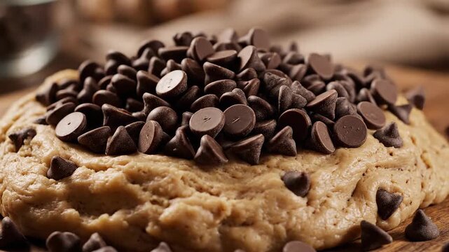 Close up of freshly baked cookie with chocolate chips on wooden surface