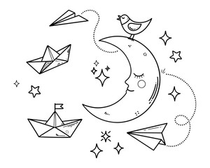Cute sleeping crescent moon with paper planes and paper boats
