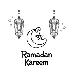 Ramadan kareem greeting with traditional arabic lanterns and crescent star
