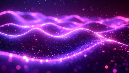 Abstract purple wave with glowing particles and bokeh effect.