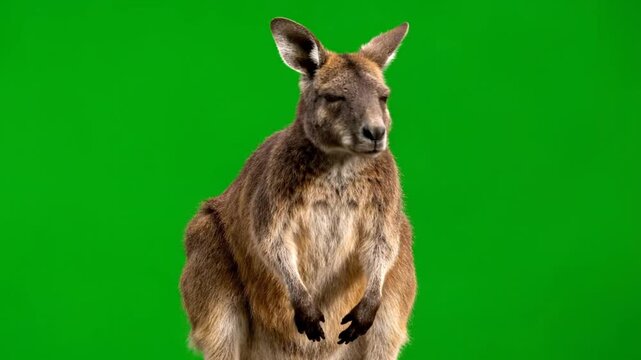 A kangaroo stands on a green screen background, looking directly at the camera.