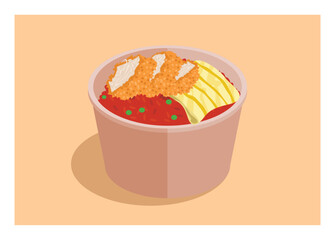 Fried rice in a plastic bowl with chicken katsu and fried egg toppings. Simple flat illustration.