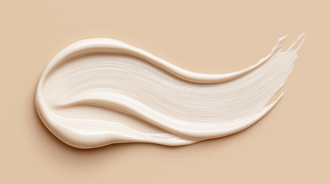 Wavy cream smear on beige texture background. Creamy white sunscreen lotion swatch, moisturizer skincare product