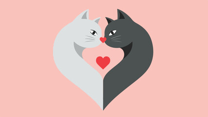 Two Cats Forming a Heart with Red Heart Love Valentine Symbol