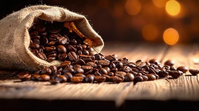 Roasted coffee beans spilling from burlap sack on rustic wooden table