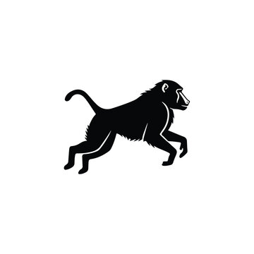 A striking black silhouette of a powerful baboon in a dynamic running or jumping pose, depicted against a clean white background. Captures the animal's strong profile.