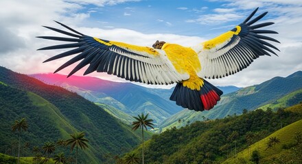 Andean condor flying over lush mountain landscape at sunrise