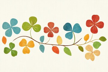 Colorful clover flowers and leaves arranged on branch with abstract botanical pattern, floral decorative design, modern artistic element for creative projects or backgrounds