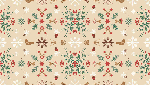Festive Scandinavian holiday pattern Rustic seamless background with snowflakes birds pine and red berries