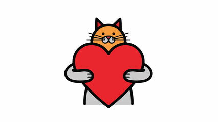 Cartoon Cat Holding a Red Heart, Love and Affection