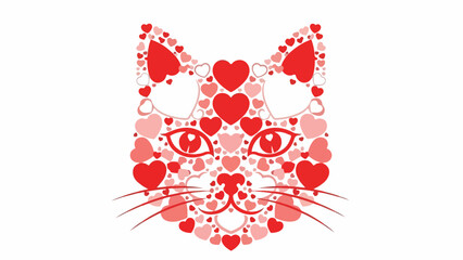 Cat Face Silhouette Made of Red and Pink Heart Shapes