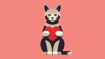 Cat Holding a Red Heart Against a Pink Background