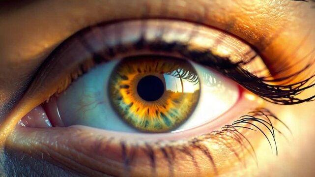 Close-up of a human eye with vibrant hazel iris and detailed eyelashes