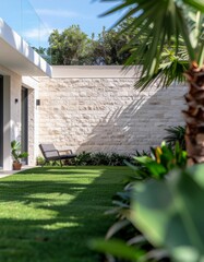 Minimalist courtyard garden with green lawn and modern stone wall

