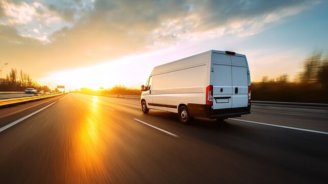 A white van is driving down the street at speed with a blurred background in the color of a yellow sunset. Concept of cargo transportation, goods delivery