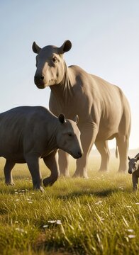 Paraceratherium mammals, the worlds largest known land mammals, grazing on a grassy plain during the Cenozoic era. Prehistoric life concept.
