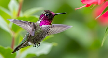 Obraz premium Iridescent Anna’s Hummingbird Hovering While Feeding on Red Flower 