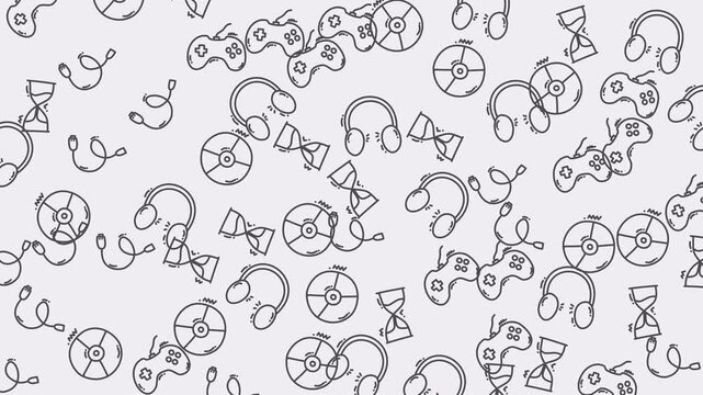 Abstract composition featuring gaming elements like discs, headphones, and hourglasses. Perfect for gamingrelated designs, banners, and promotional materials.