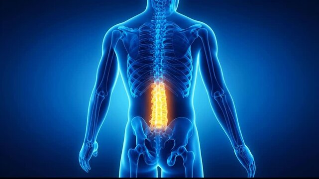Anatomical rendering of the human spine with highlighted lumbar vertebrae, Digital illustration of skeletal back anatomy emphasizing the lower spine
