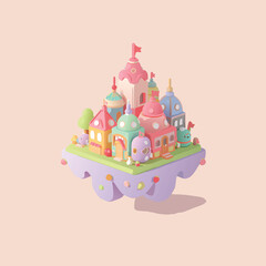 Whimsical pastel floating castle with intricate details and vibrant colors. © fatra