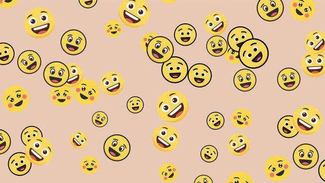 Seamless pattern with cartoon style emoji faces on light brown background. Yellow emoji with various expressions.
