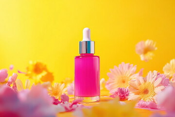 Dropper bottle filled with pink liquid serum surrounded by bright flowers on yellow background. Skincare beauty product concept for wellness, healthcare and facial treatment branding.
