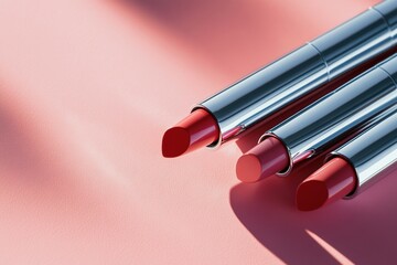 Lipstick tubes in shades of red on pink background, showcasing beauty, cosmetic makeup, elegance and modern feminine style for product branding.