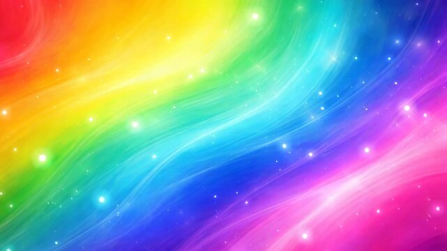Colorful abstract waves of rainbow hues flow seamlessly across the frame, creating a vibrant and dynamic visual experience with sparkling stars in the background
