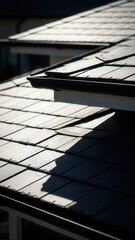 Detailed View Of Slate Roof Tiles With Dramatic Sunlight And Shadow