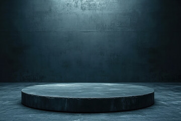 Empty circular podium on dark concrete background with minimal modern design for product display mockup or presentation concept.