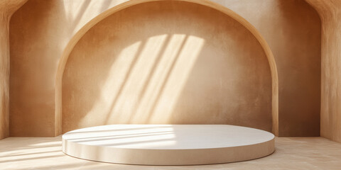 Minimal podium display with abstract arch background in neutral modern interior. Blank stage for product showcase and spotlight presentation