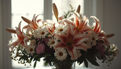 A beautiful bouquet of flowers in a vase on a windowsill